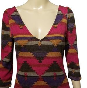 Anthropologie Everly Aztec Knit Bodycon Dress / Sz S / Red, purple